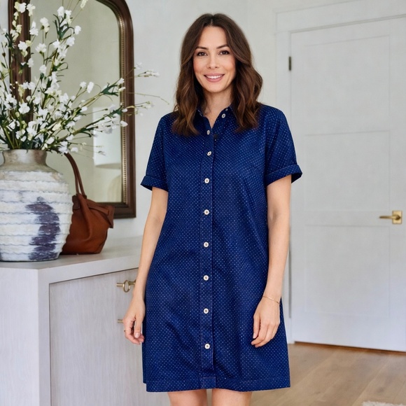 J. Crew Dresses & Skirts - J.Crew Navy Dot Button Front Shirt Dress Cotton Casual Midi‎